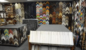 Picture frame shop interior with frame samples
