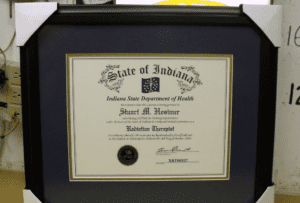 Framed Indiana Department of Health certificate