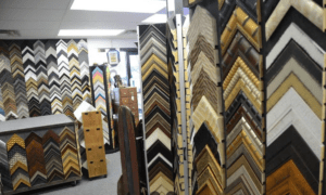 Picture frame samples displayed in framing shop