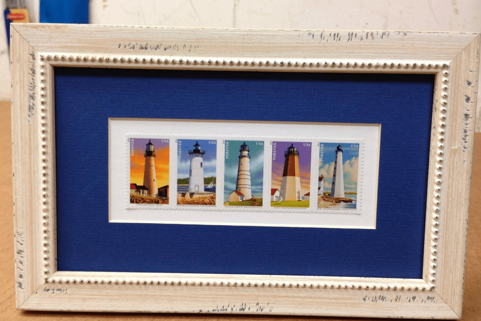 Framed set of five lighthouse stamps