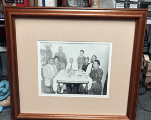 Framed vintage black-and-white family portrait