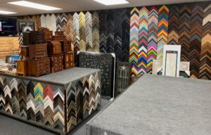 Picture frame shop interior with frame samples